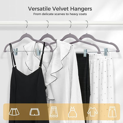 HOUSE DAY Velvet Hangers with Adjustable Clips 10 Pack, Non-Slip Suit Organizer with 360° Hook - Heavy Duty Hanger for Pants, Skirts, Blouses, Dresses - Outfit Hangers All-Season Space Saver (Grey)