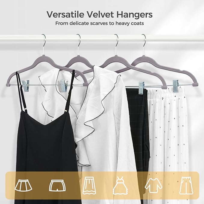 HOUSE DAY Velvet Hangers with Adjustable Clips 20 Pack, Non-Slip Suit Organizer with 360° Hook - Heavy Duty Hanger for Pants, Skirts, Blouses, Dresses - Outfit Hangers All-Season Space Saver (Grey)