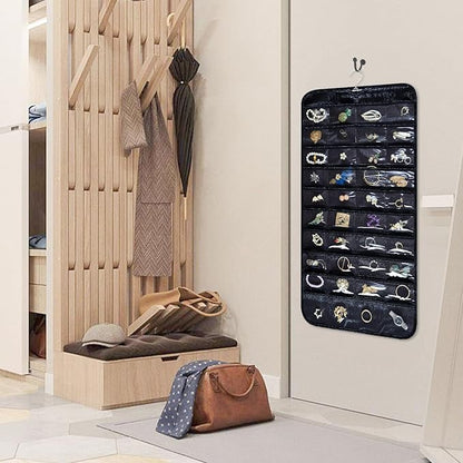 Hanging Jewelry Organizer Storage Roll with Hanger Metal Hooks Double-Sided Jewelry Holder for Necklaces, Earrings, Rings on Door, Wall, Closet, 80 Pocket Organizer,Black
