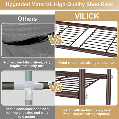 VILICK 3 Tier Shoe Rack 33" Wide Metal Shoe Organizer Long Shoe Storage with 4 Side Hooks Sturdy Shoes Shelf for Front Door Entrance, Closet, Garage, Dorm, Brown
