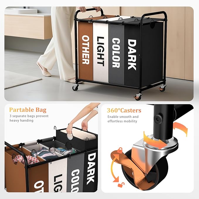 Laundry Sorter 4 Sections 48 Gal, Rolling Laundry Basket with Lockable Wheels and Lid, Laundry Hamper with 4 Separated Removable Bags Dirty Clothes Hamper for Laundry Room, Multicolor