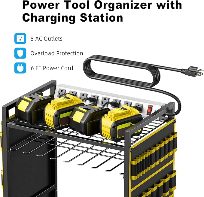 JUNNUJ Large Power Tool Organizer Cart with Charging Station, Garage Floor Standing Rolling Drill and Tools Battery Storage Cart on Wheels, Heavy Duty Rack with 8 Outlet 10 FT Power Strip, Yellow