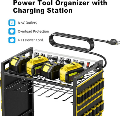 JUNNUJ Large Power Tool Organizer Cart with Charging Station, Garage Floor Standing Rolling Drill and Tools Battery Storage Cart on Wheels, Heavy Duty Rack with 8 Outlet 10 FT Power Strip, Yellow
