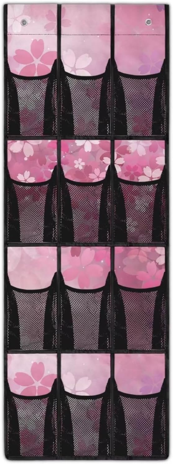 Cherry Blossom Over the Door Shoe Organizer,Shoe Organizer Door Hanger,Space Saver Shoes Hanger Storage Organizer Bag with 12 Mesh Large Pockets