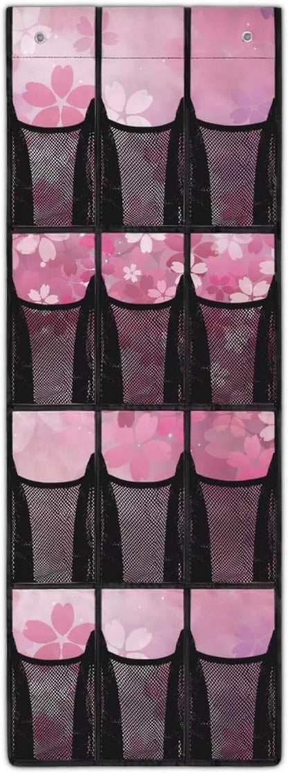 Cherry Blossom Over the Door Shoe Organizer,Shoe Organizer Door Hanger,Space Saver Shoes Hanger Storage Organizer Bag with 12 Mesh Large Pockets