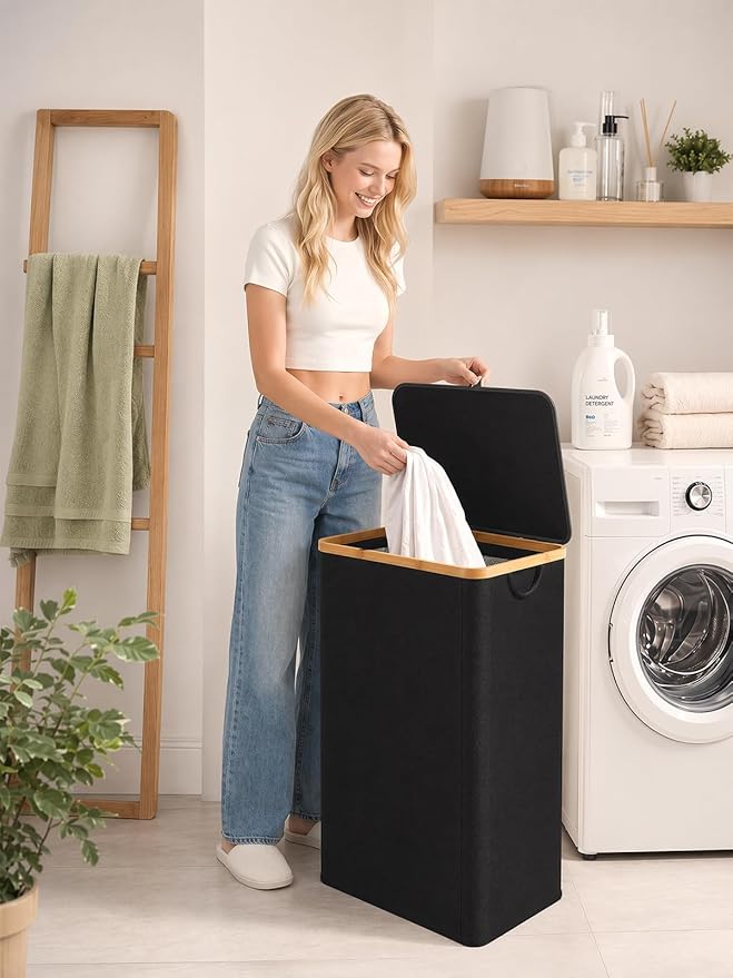 iEGrow Laundry Hamper with Lid, 110L Large Laundry Hamper with Handle and Lid, Collapsible Clothes Basket Organizer with Removable Inner Bag for Clothes Toys Towels - Black
