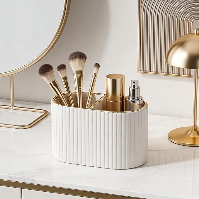 KINGFOM Makeup Brush Holder Organizer with Divider, PU Leather Vanity Brush Holder for Bathroom Countertop & Dressing Table, Cosmetic Desktop Storage Caddy for Makeup Tools Oval (Light Beige)