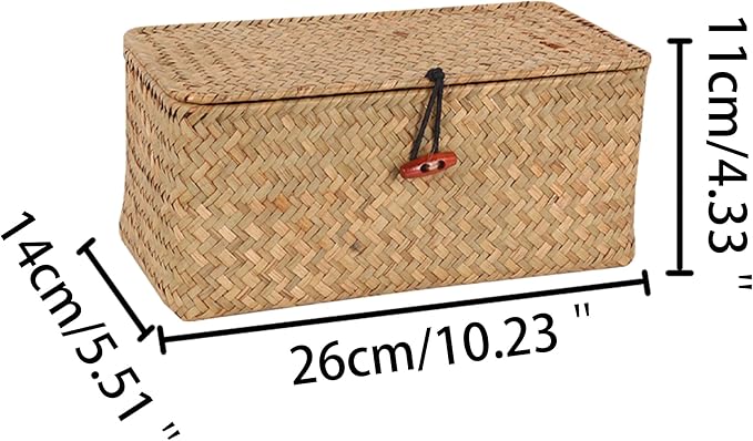 Moosky Wicker Shelf Baskets with Lid,Natural Seagrass Storage Basket Boxes Handwoven Rectangular Baskets Bins Multipurpose Home Organizer Decor (Small)