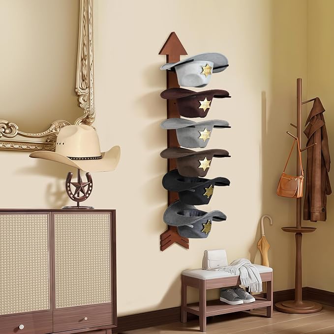 Cowboy Hat Holder for Wall 6 Pieces Arrow Solid Wood with Metal Western Hat Rack Wall Decor Hat Organizer Hanger Storage for Entryway Closet Living Room Bedroom Cherry Brown