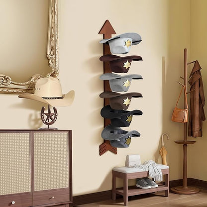 Cowboy Hat Holder for Wall 6 Pieces Arrow Solid Wood with Metal Western Hat Rack Wall Decor Hat Organizer Hanger Storage for Entryway Closet Living Room Bedroom Cherry Brown