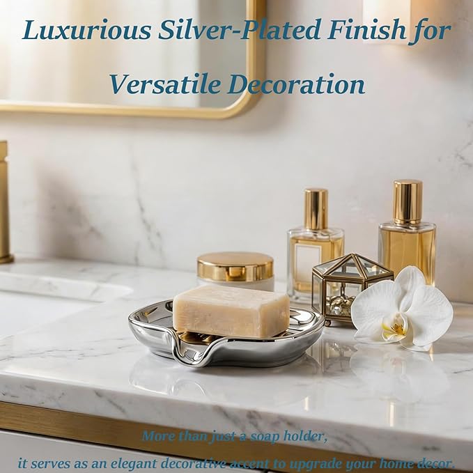 Silver-Plated Ceramic Soap Dish, Self-Draining Bar Soap Holder with U-Shaped Drainage, Decorative Soap Tray for Bathroom Shower & Kitchen Sink