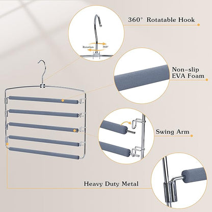 TOPIA HANGER Pants Hangers Space Saving, Swing Arm Pants Organizer for Closet, Non-Slip Foam Padded Organizer Hanger for Multi Slacks, Jeans, Trousers, Skirts, Scarfs (Grey)-2 Pack,CT08G