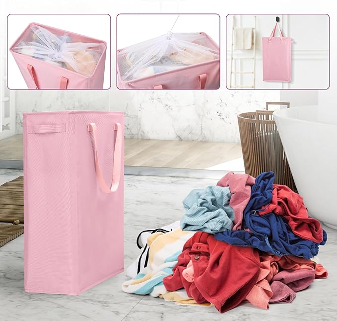 Odonata Slim Laundry Hamper Handles Collapsible Laundry Basket Thin Dirty Clothes Basket Narrow Laundry Bag Foldable Dirty Hamper 45L (Pink)