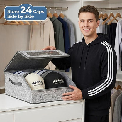 Hat Organizer for Baseball Caps Stackable Hat Storage Box with Clear Window holds up to 24 Caps Hat Storage for Closet Dustproof Foldable Closet Hat Organizer with Handles & Hollow Board Support
