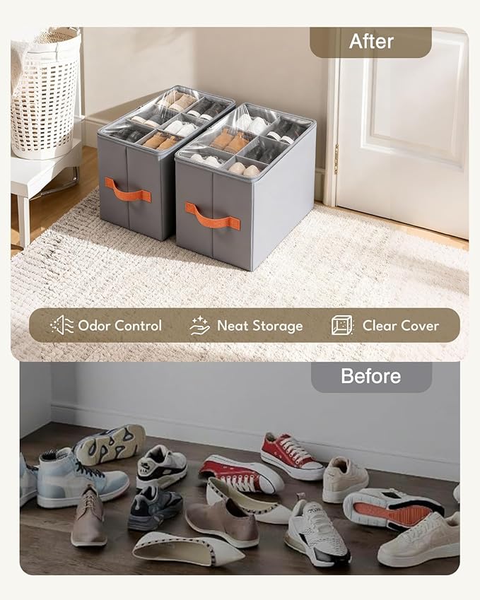 GLORIEROO Smell Proof Shoe Organizer for Closet - Adjustable Dividers & Clear Lid. Foldable Shoe Storage Box with Activated Carbon Lining for Gym Sneakers, Running Shoes & Boots