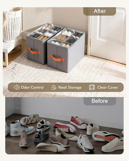 GLORIEROO Smell Proof Shoe Organizer for Closet - Adjustable Dividers & Clear Lid. Foldable Shoe Storage Box with Activated Carbon Lining for Gym Sneakers, Running Shoes & Boots
