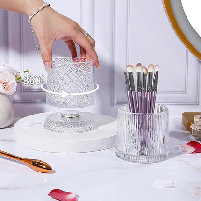 DASITON Makeup Brush Holder Organizer, Crystal Cosmetic Brushes Storage Holder Glass Makeup Organizer, 360° Rotating Make Up Brush Cup for Vanity, Dresser, Bathroom, Pen Pencil Holder for Desk (Clear)