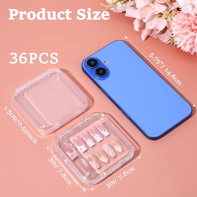 36 Pcs Press On Nail Storage Boxes, Storage Case, Clear Acrylic Fake Nail Organizer Container for Nails Display Salon Supplies 3x3x0.6 Inch