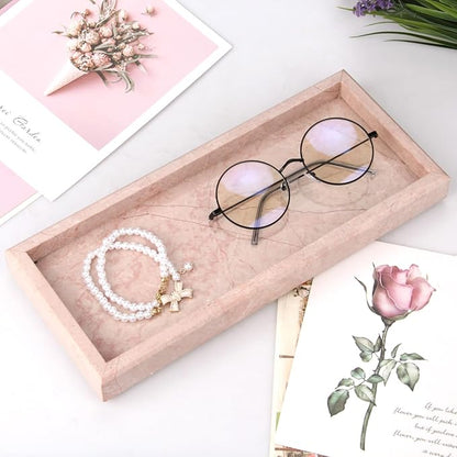 Marble Bathroom Vanity Tray, Natural Luxury Vanity Home Kitchen Bathroom Table Tray, Stone Decorative Countertop Dresser Trays for Key Coffee Perfume Jewelry Makeup (Pink/Cream Rose, 12"x 5" x1.2")