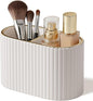 KINGFOM Makeup Brush Holder Organizer with Divider, PU Leather Vanity Brush Holder for Bathroom Countertop & Dressing Table, Cosmetic Desktop Storage Caddy for Makeup Tools Oval (Light Beige)