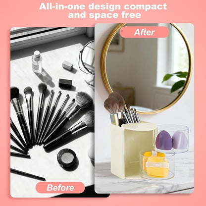 Hair Accessories Organizer with Hair Brush Holder, Rotatable Makeup Brush and Jewelry Storage Box for Hair Clips, Earrings, Necklaces, Bracelets, Rings, and Daily Accessories (Off White,2-Layer)