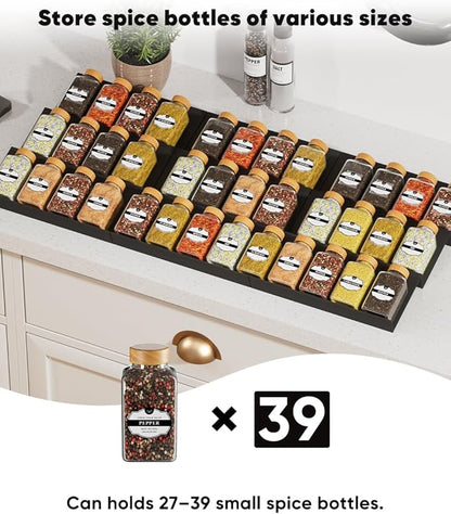 Spice Drawer Organizer, Spice Rack Tray for Kitchen Cabinet, Expandable Seasoning Storage Rack Insert for Drawer/Countertop,9 Pieces Set, ABS (Jars Not Included)