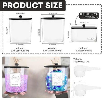 COAZEX 3 Pack Laundry Powder Container & Dryer Sheet Holder, Plastic Laundry Room Organization and Storage Jars with Lids, Labels & Scoops for Powder, Detergent, Scent Booster (Black Lid)