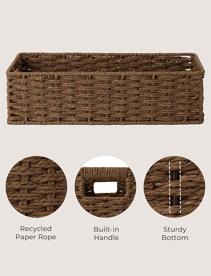 StorageWorks Toilet Tank Tray, Brown Round Paper Rope Bathroom Baskets for Organizing, Toilet Tank Basket, Toilets Organizer with Built-in Handles, 14 ¼"L x 6 ¾"W x 3 ¾"H, 1 Pack