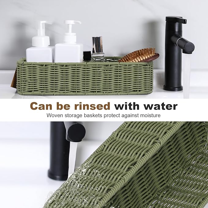 Storage Wicker Basket Decor: Green Decorative Storage Bin for Countertop and Shelves - Waterproof Toilet Paper Basket over Toilet Tank
