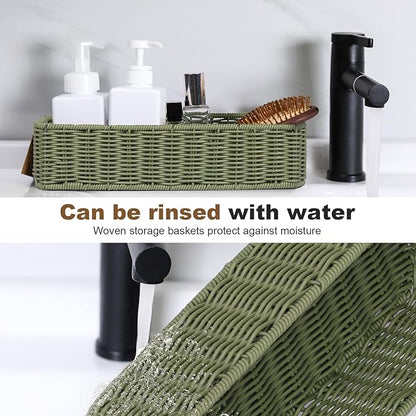 Storage Wicker Basket Decor: Green Decorative Storage Bin for Countertop and Shelves - Waterproof Toilet Paper Basket over Toilet Tank