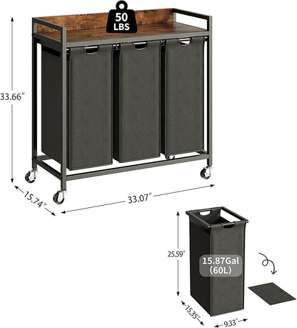 Herture Laundry Hamper with Shelf, Laundry Basket 3 Section, Laundry Sorter with Pull-Out Removable Large Bags and Movable Wheels, Metal Frame, 3 x 15.87 Gallons (60L), Rustic Brown + Black PF04XLY