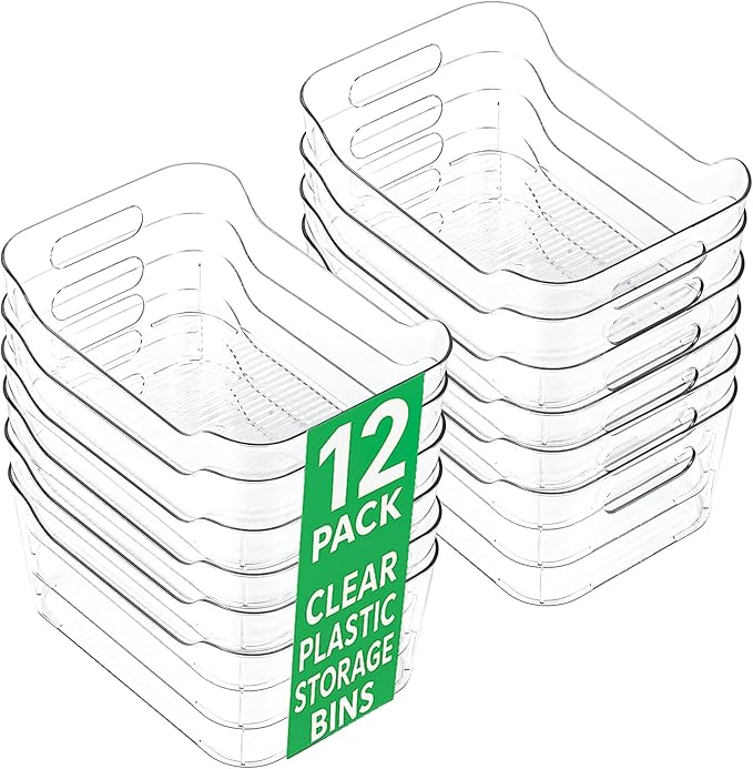 CiWiVOKi 12 Pack Clear Plastic Storage Bins, Acrylic Organizer and Containers with Handle for Pantry, Cabinet, Closet, Refrigerator, Freezer, Bathroom, Kitchen Under Sink Storage