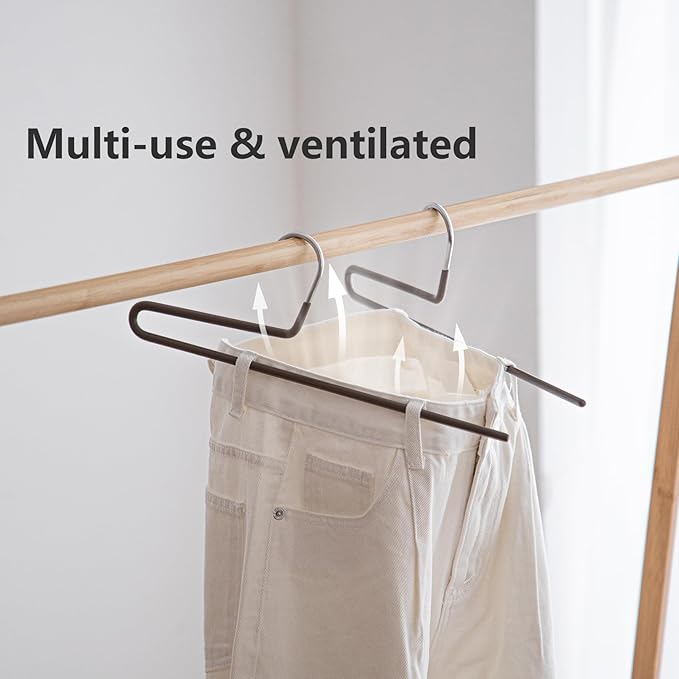 SHIMOYAMA Space Saving Pant Hangers, 5 Pack, Semi-Open Trouser Hanger for Jeans & Pants, Single Rod Closet Organizer for Slacks, Khakis (Chocolate Brown)