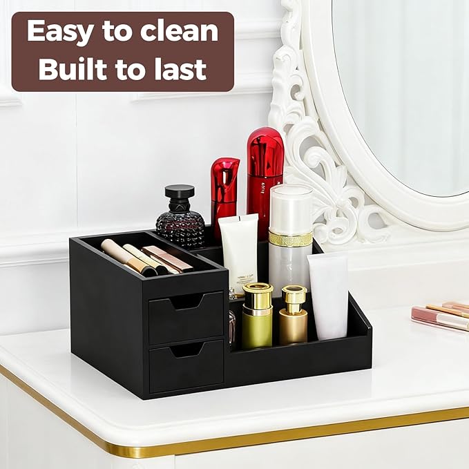 Countertop Perfume & Makeup Organizer - Wooden Rack, Cologne Stand Shelves & Skincare Organizer for Bedroom Dresser, Organizador de Perfumes Estante para Perfumes (Middle, 01) (Black, 01)