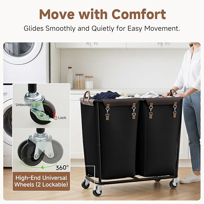 StorageWorks 330L Extra Large Laundry Hamper with Wheels, Laundry Basket with Wheels 2 Sections, Clothes Sorter Cart with Divider for Hotel, Home, Black, 1-Pack