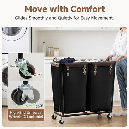 StorageWorks 330L Extra Large Laundry Hamper with Wheels, Laundry Basket with Wheels 2 Sections, Clothes Sorter Cart with Divider for Hotel, Home, Black, 1-Pack