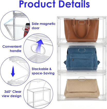 3-Pack Clear Stackable Shoe Display Cases – Large Plastic Storage Bins with Magnetic Door for Size 14 Sneakers, Organizer for Handbags, Collectibles & Closet