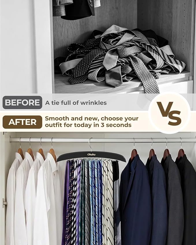 Ohuhu 24-Hook Wooden Tie Rack Organizer - Space Saving Closet Hanger with 360° Rotating Hooks, Anti-Slip Clips for Ties, Belts, Scarves - Premium Hardwood & Rustproof Steel Construction-Black