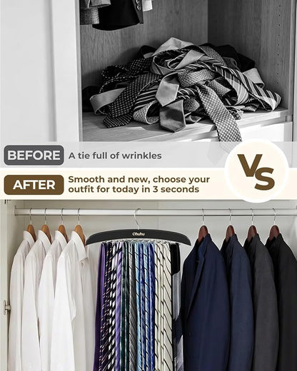 Ohuhu 24-Hook Wooden Tie Rack Organizer - Space Saving Closet Hanger with 360° Rotating Hooks, Anti-Slip Clips for Ties, Belts, Scarves - Premium Hardwood & Rustproof Steel Construction-Black