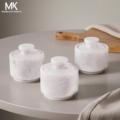 MARBLOUS KRAFTS Set of 3 Marble Salt Cellars with Lids 3" Inch White Salt Holders for Kitchen, Dining, Spices, or Gifts, Modern, Practical Storage for Salt & Spices in Any Kitchen or Dining Room.
