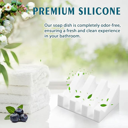 Self Draining Silicone Soap Dish with Suction Cups - Non-Slip Bar Soap Holder for Shower & Kitchen, Waterfall Tray Keeps Soap Dry, Easy Clean, Extends Soap Life (White, 1 Pack)