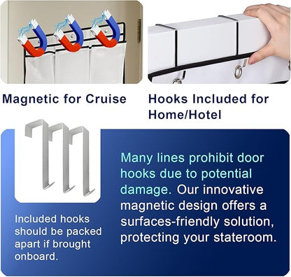Magnetic Cruise Door Organizer – 13-Pocket Hanging Storage with 2 Large Shoe Pockets, No Hook Needed, Includes 3 Bonus Hooks, 2025 2026 Cruise Ship Essentials for Cabin, Bathroom, or Closet Use