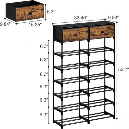Tall Shoe Rack, 8 Tier Shoe Rack Organizer with 2 Large Drawers, Shoe Storage for 28-32 Pairs, Sturdy Metal Shoe Shelf Shoe Stand for Closet Entryway, Rustic Brown and Black