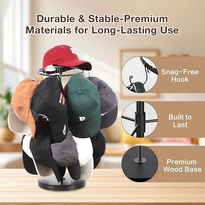 Keebofly Rotating Free Standing Hat Rack & Organizer Stand, 3-Tier Merchandise Display & Tabletop Baseball Cap Organizer Holds 40+ Caps, Portable for Vendor & Home Use in Bedroom, Closet, Entryway