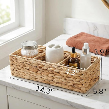 Pumtus 2 Pack 3-Section Woven Baskets, Water Hyacinth Storage Bin, Handwoven Desk Organizer, Toilet Paper Container, Rectangle Holder for Counter Top Toilet Tank Shelves Coffee Bar Pantry