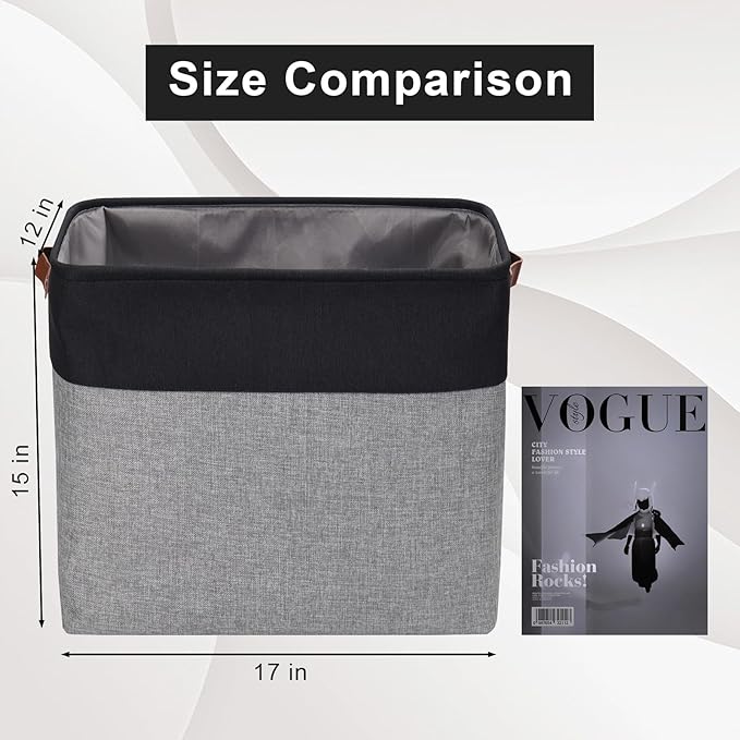 Bagnizer Large Fabric Storage Baskets | 50L Storage Bins, Decorative Linen Closet Baskets with Handles for Organizing, Shelf, Toys, Clothes, Home, Office, Nursery, 17x12x15Inches (Gray&Black)