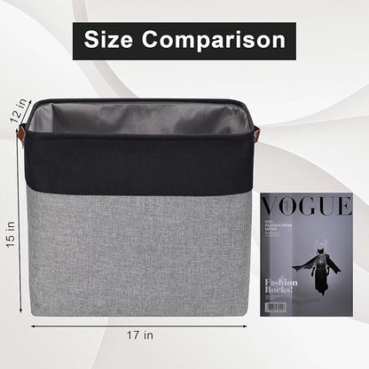 Bagnizer Large Fabric Storage Baskets | 50L Storage Bins, Decorative Linen Closet Baskets with Handles for Organizing, Shelf, Toys, Clothes, Home, Office, Nursery, 17x12x15Inches (Gray&Black)
