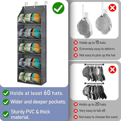 Hat Organizer for Baseball Caps - Hat Rack for Door - Hat Storage for Baseball Caps，Hat Holder on Wall, Clear Deep Pockets， 5 Tiers, Holds at Least 60 Hats, with 3 Hooks (Grey)