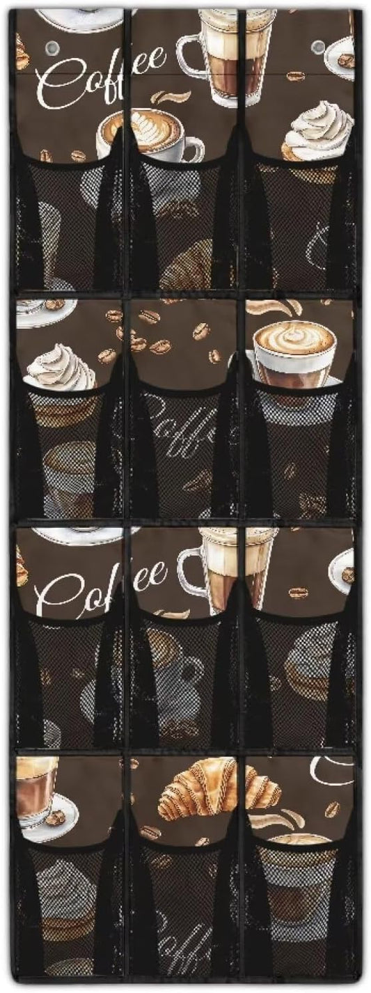Versatile 12-Pocket Behind The Door Hanging Organizer, Made of Oxford Cloth, Waterproof Foldable and Perfect for Bathroom Bedroom Closet Storage, Coffee Print