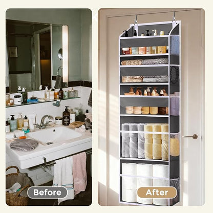 5 Tiers Over Door Organizer with 10 Mesh Side Pockets, 44 lbs Weight Capacity Hanging Storage Organizer with Clear Window Kids Toys, Shoes, Diapers, Dark Gray